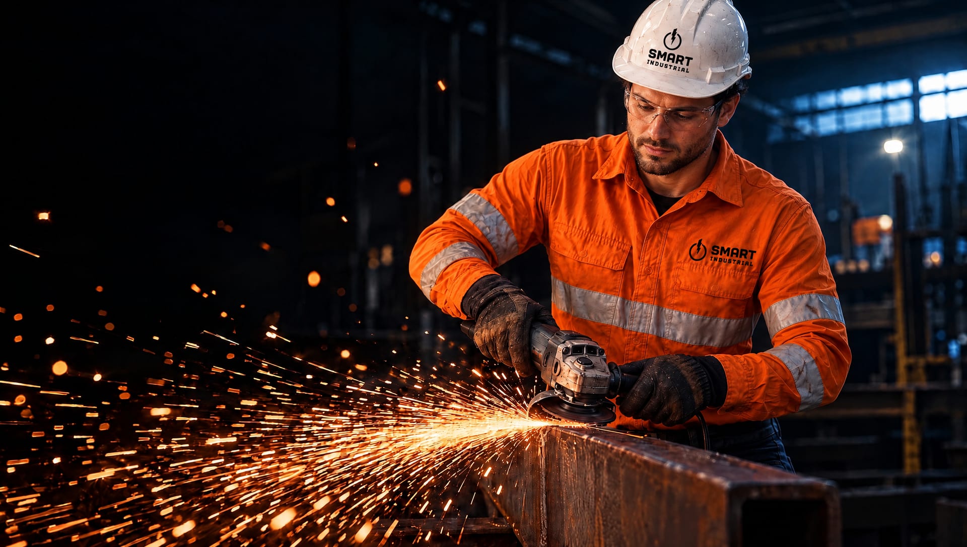 Tradesperson in Smart Industrial hi-vis grinding steel with sparks flying