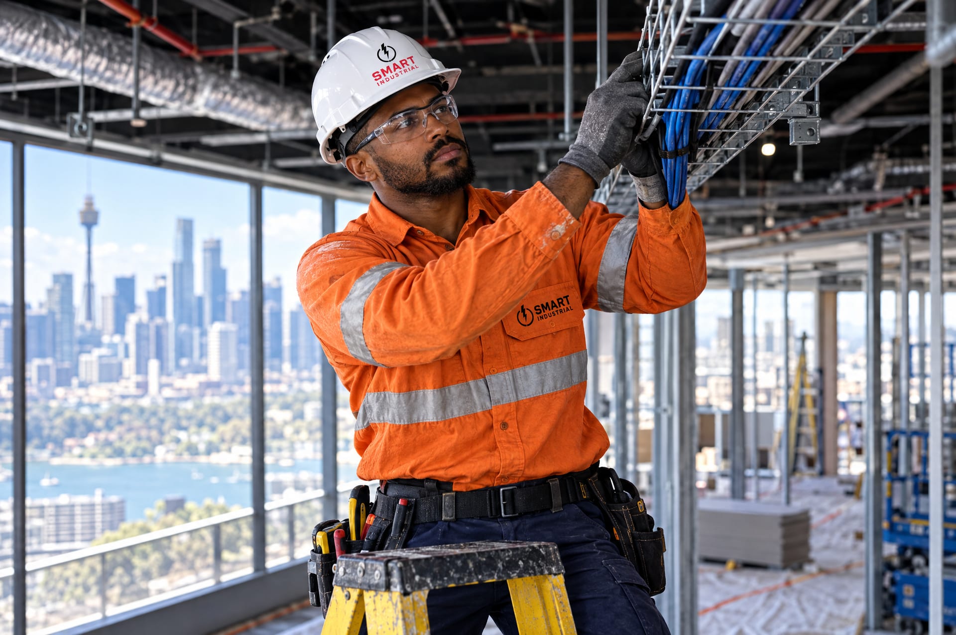 Commercial electrician in Smart Industrial hi-vis terminating cables in a Sydney CBD office fit-out