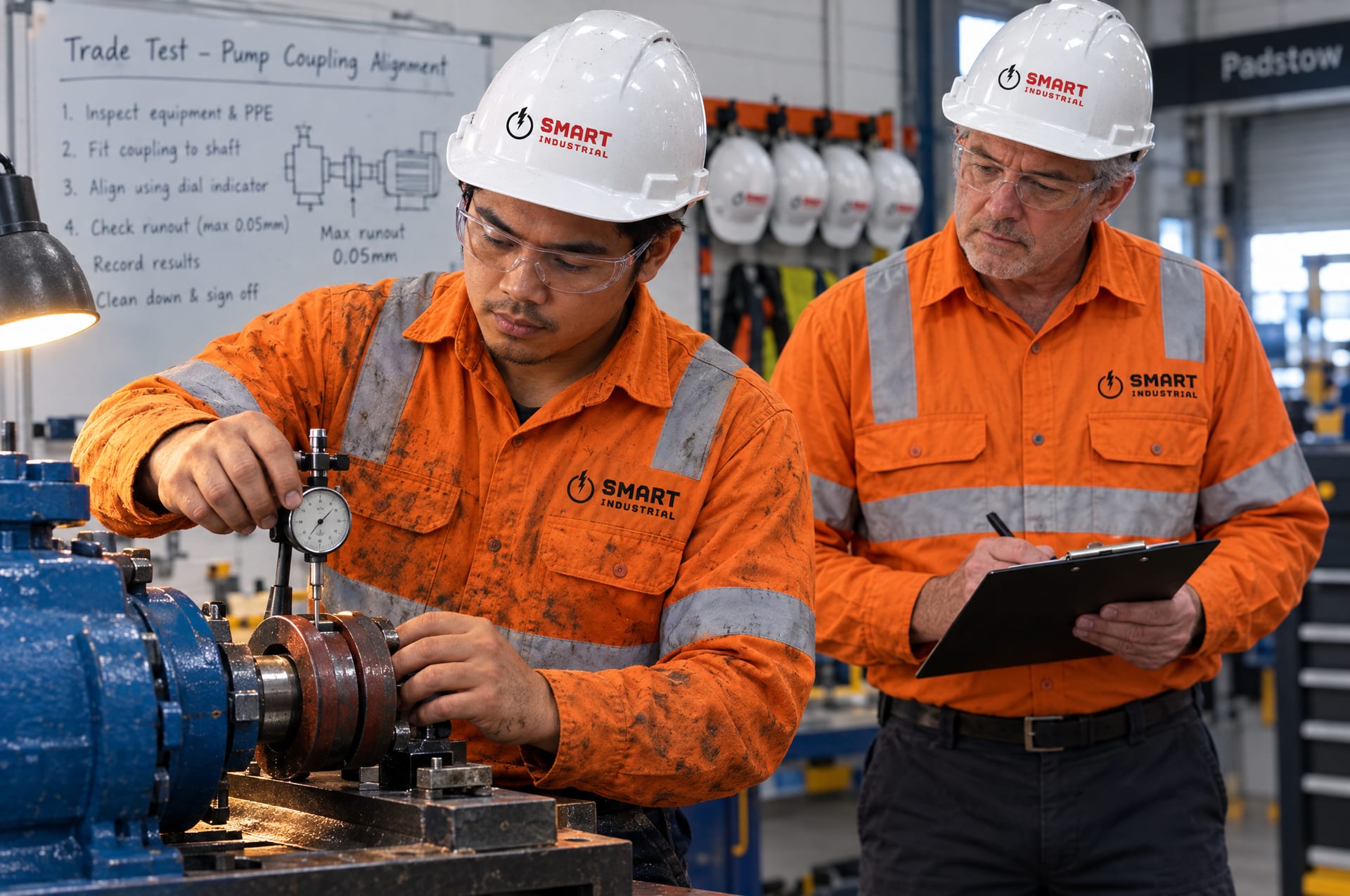 A Smart Industrial assessor watching a candidate fitter align a pump coupling in the Padstow trade-test bay