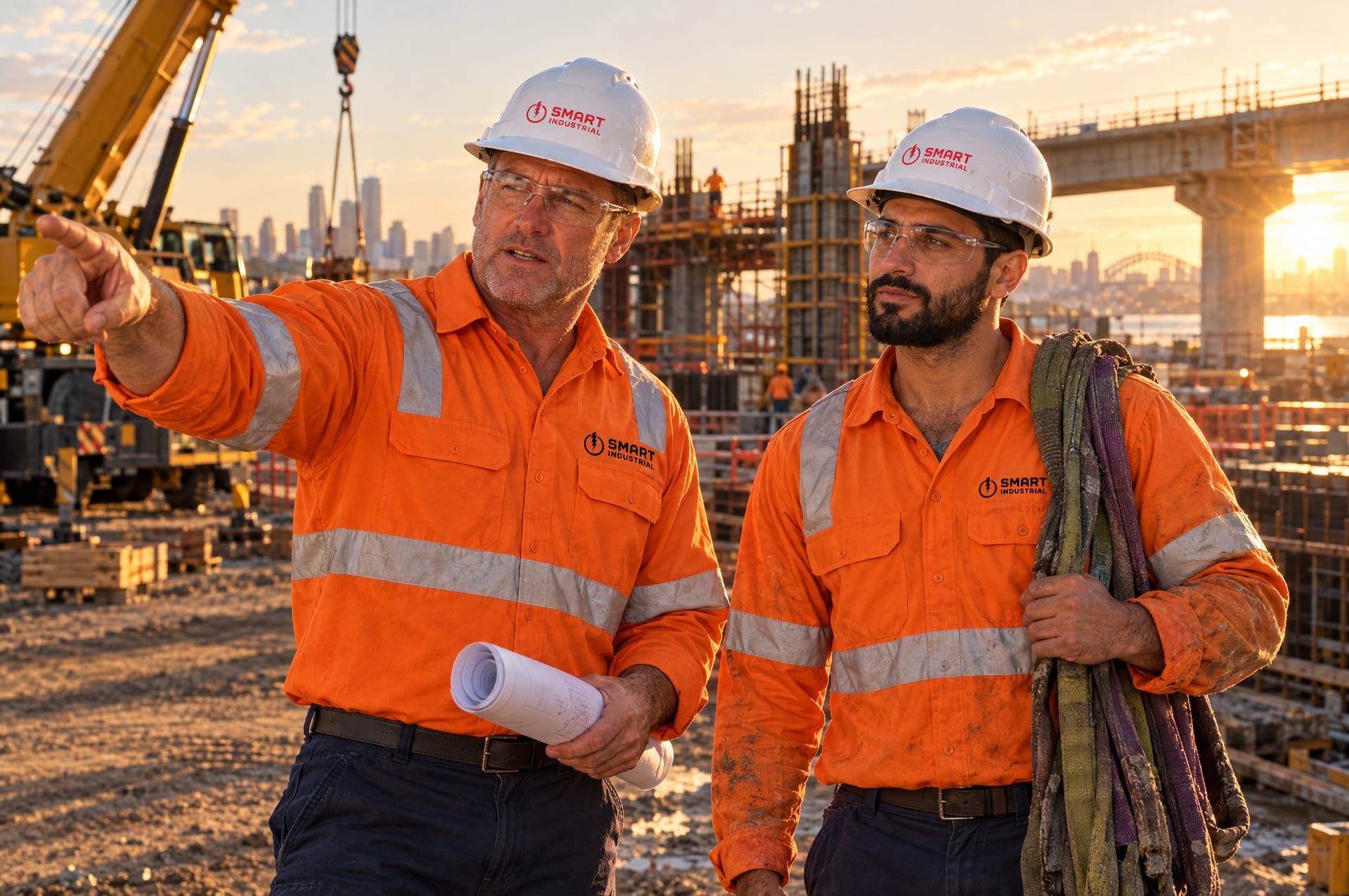 A Smart Industrial supervisor briefing a rigger on a Sydney construction site at golden hour