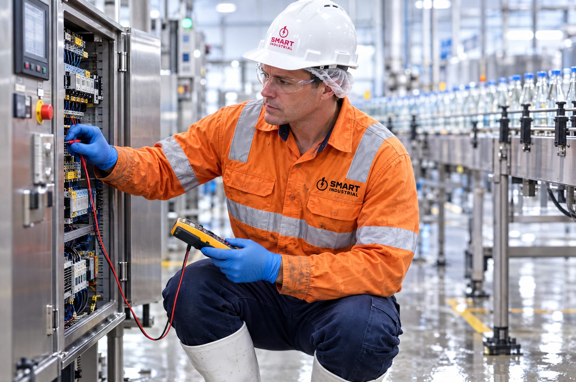 A Smart Industrial electrician fault-finding a filler control panel in a Sydney bottling hall