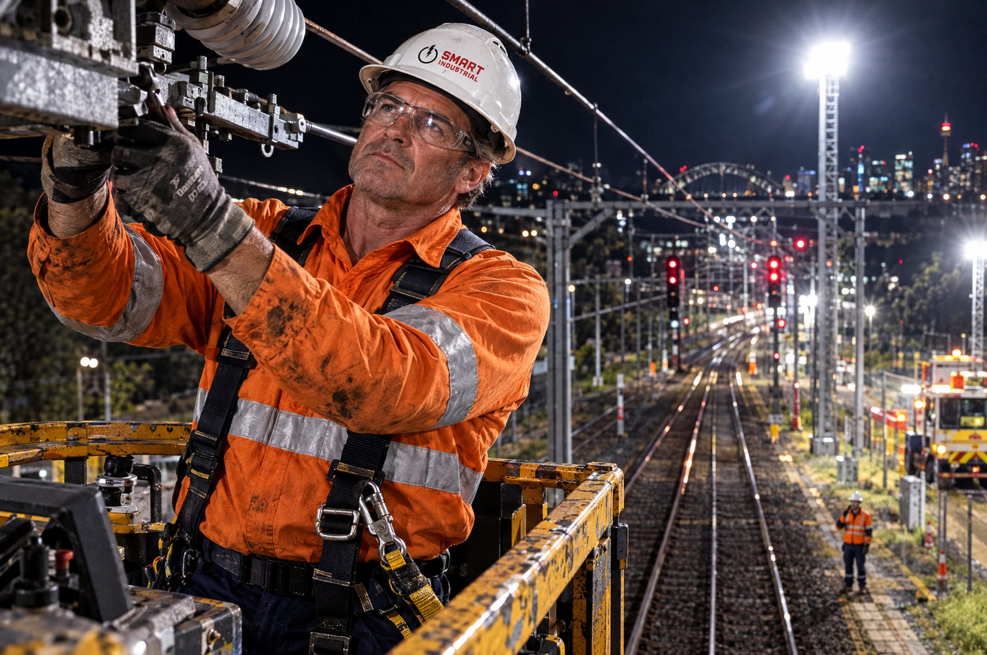 A Smart Industrial electrical tradesperson working on overhead wiring during a night rail possession in Sydney