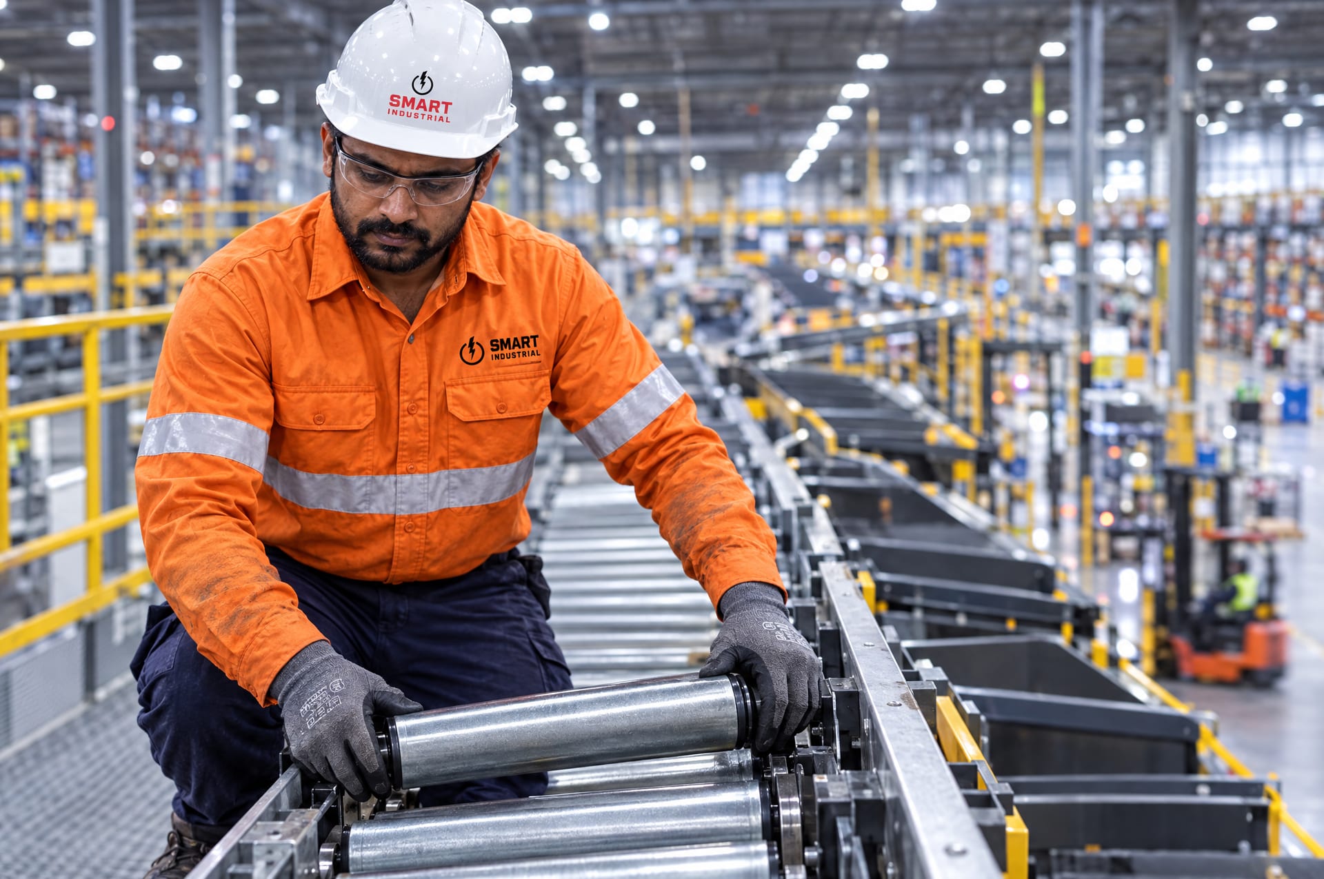 A Smart Industrial fitter replacing a conveyor roller in a Western Sydney distribution centre