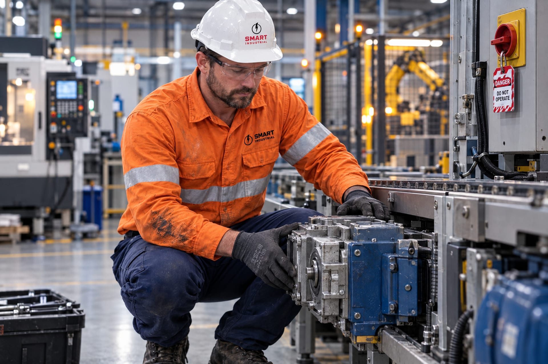 A Smart Industrial fitter replacing a conveyor gearbox on a Western Sydney production line