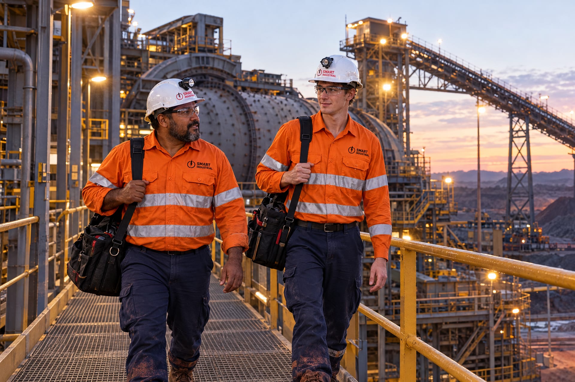 Two Smart Industrial shutdown tradespeople walking below a ball mill at a NSW mine at dawn
