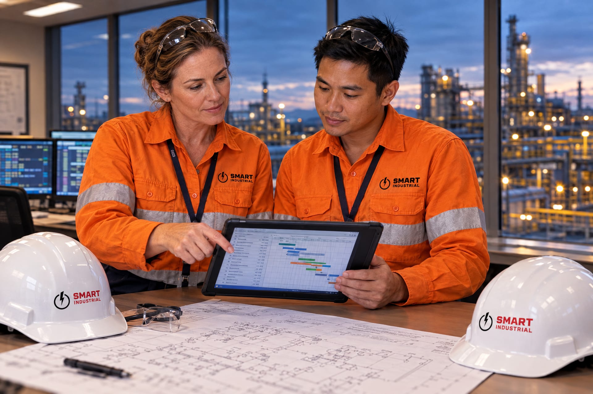 An operations manager and a maintenance planner in Smart Industrial shirts reviewing a shutdown schedule in a plant control room