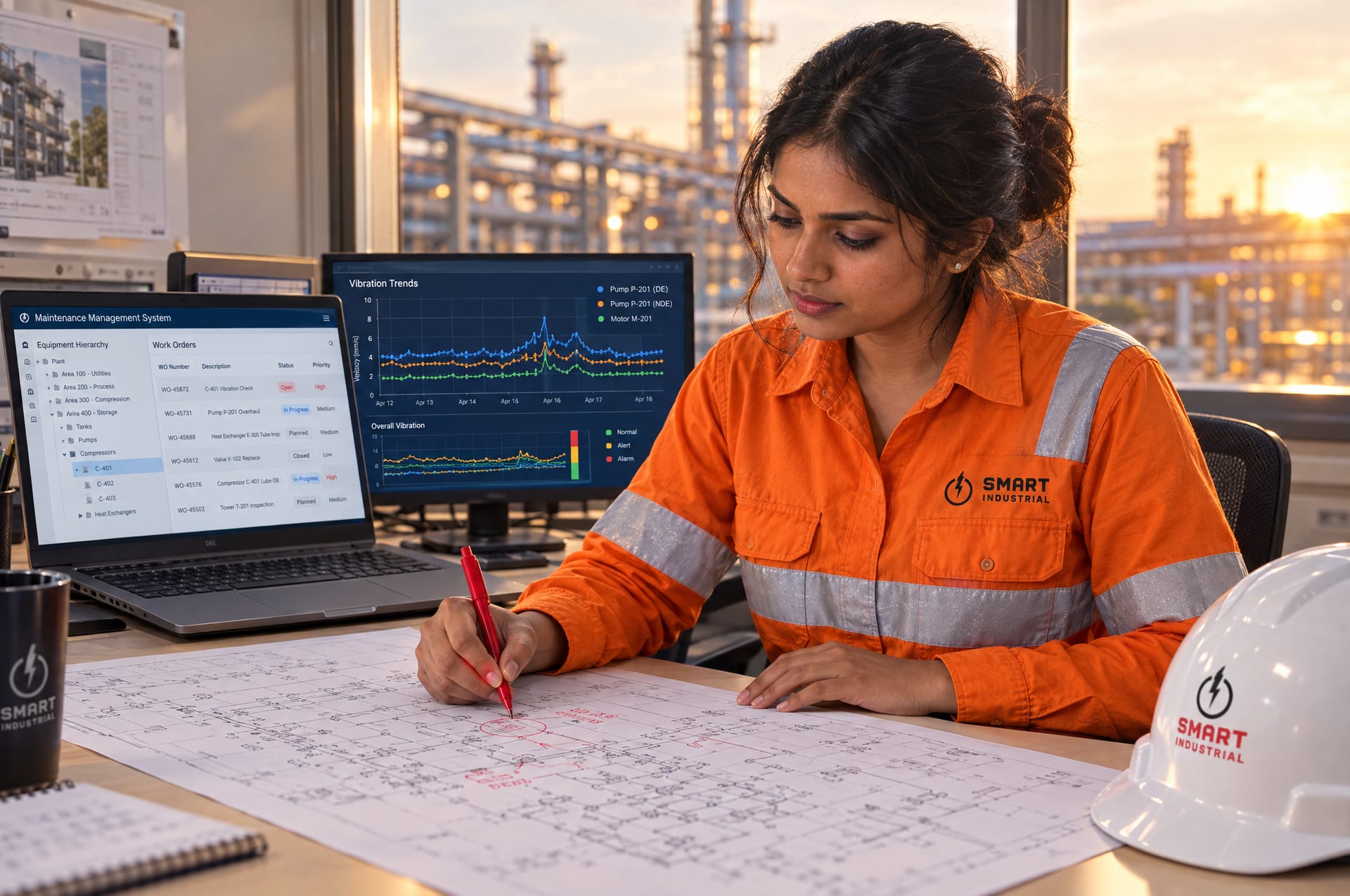 A reliability engineer in a Smart Industrial shirt marking up a P&ID drawing in a site office