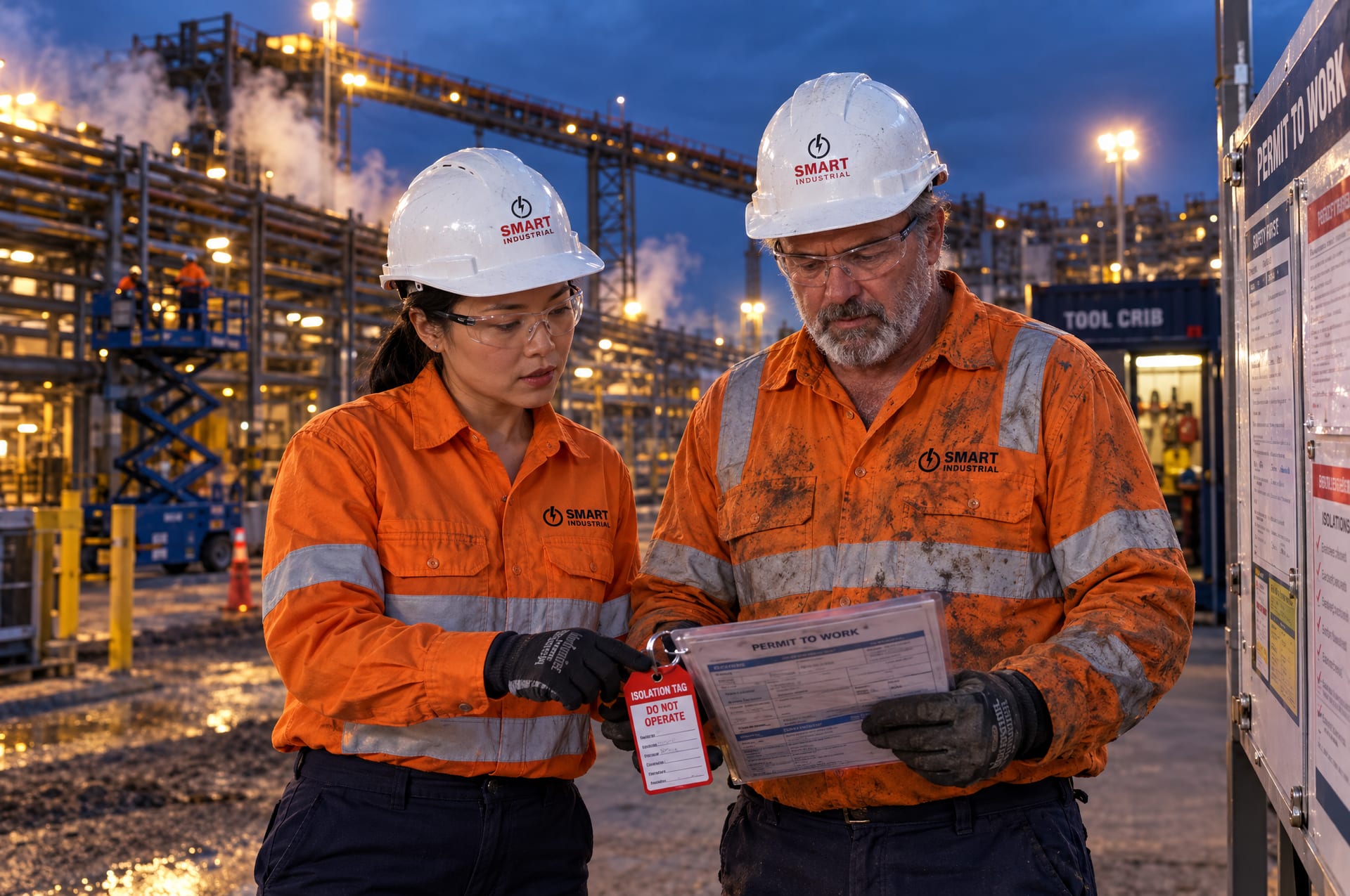 Two Smart Industrial fitters reviewing an isolation tag at a permit-to-work board during a plant shutdown