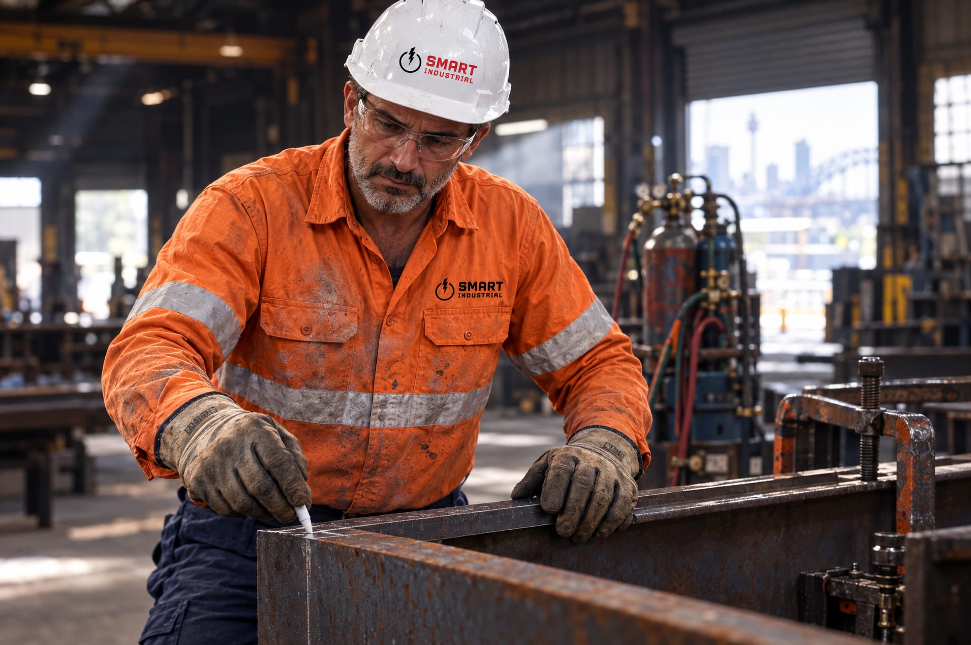 Boilermaker in Smart Industrial hi-vis fabricating structural steel in a Sydney workshop