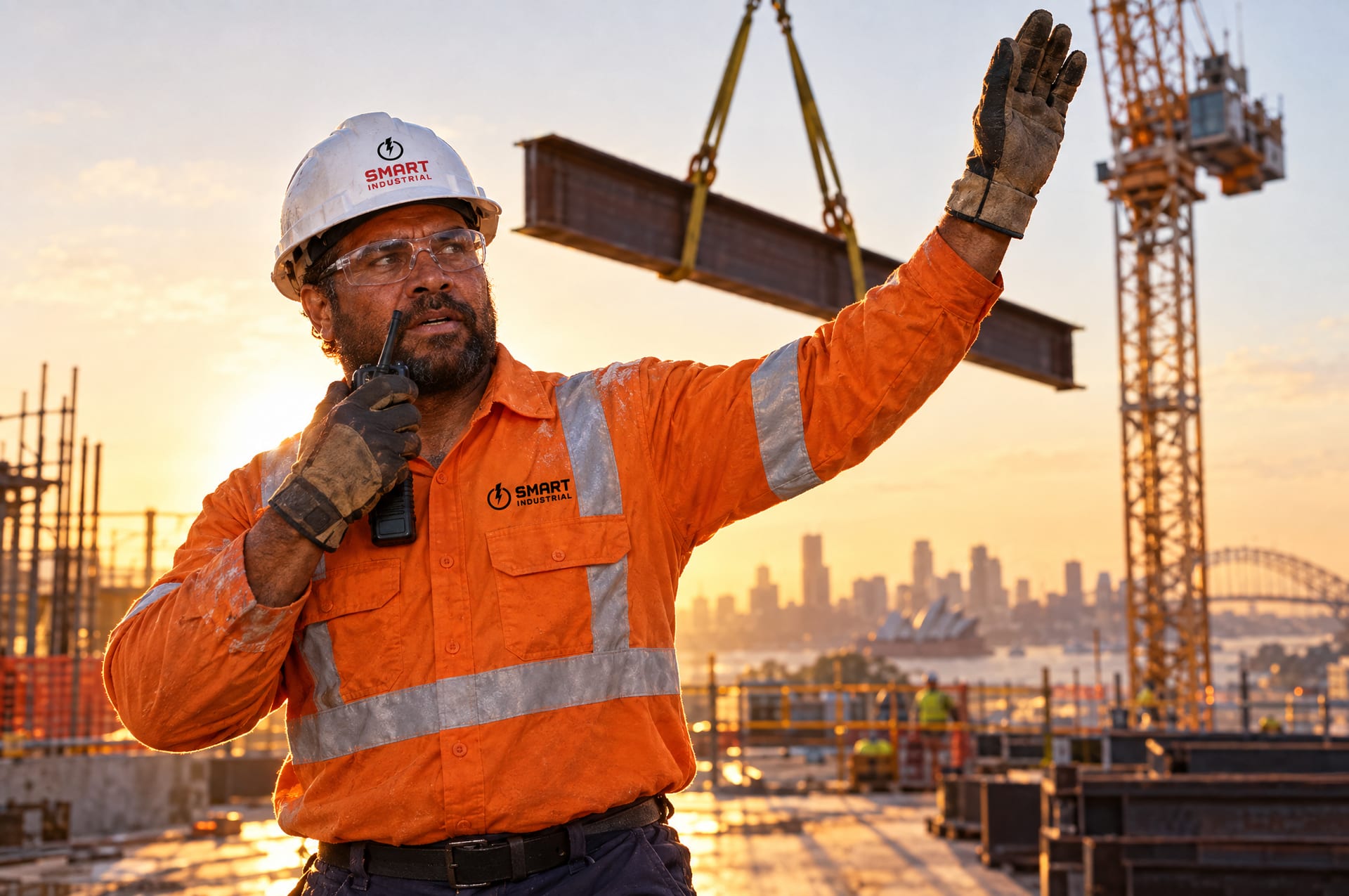 Dogman in Smart Industrial hi-vis signalling a crane lift on a Sydney construction site at dawn