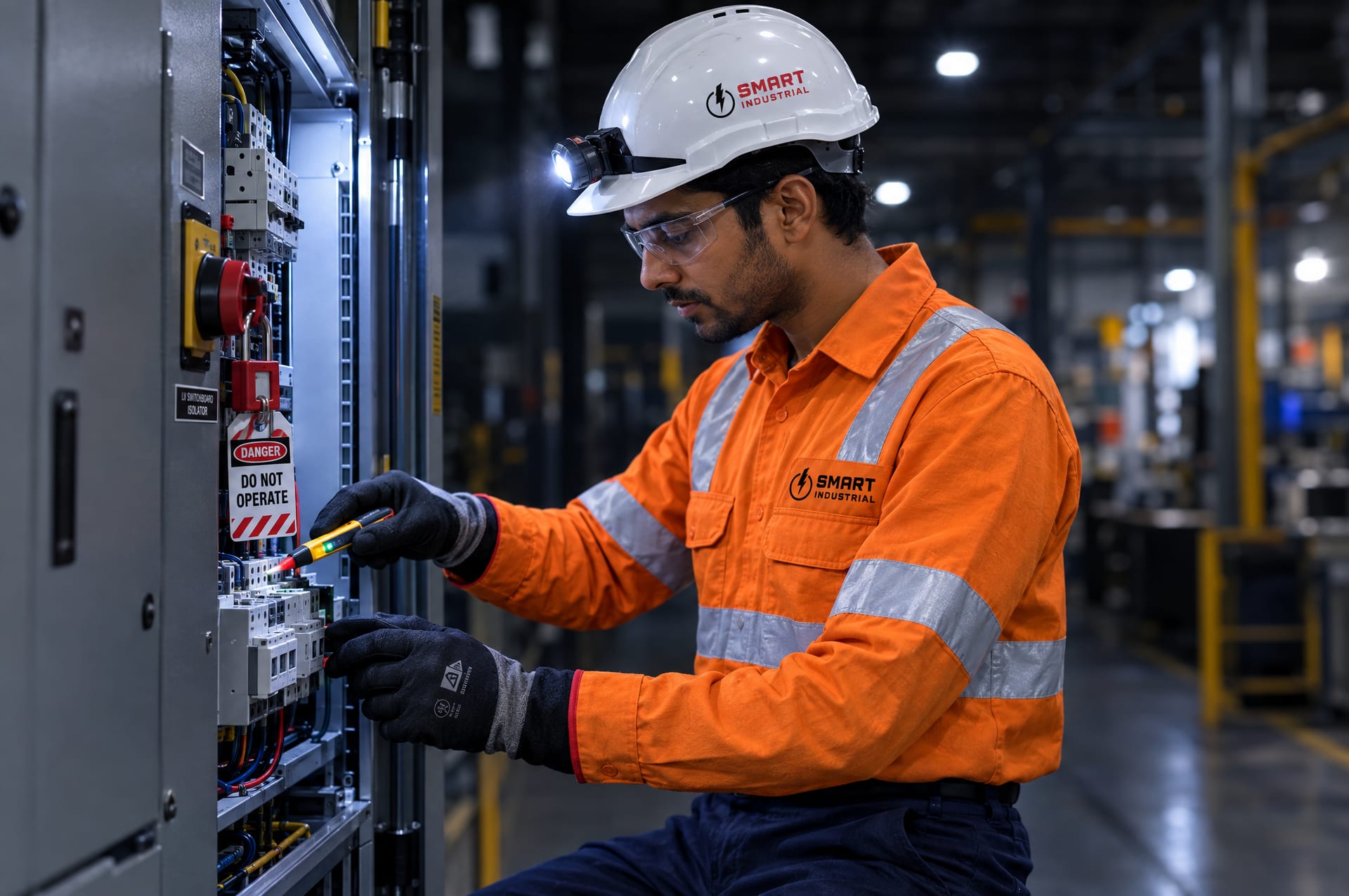Industrial electrician in Smart Industrial hi-vis testing for dead at a locked-out switchboard