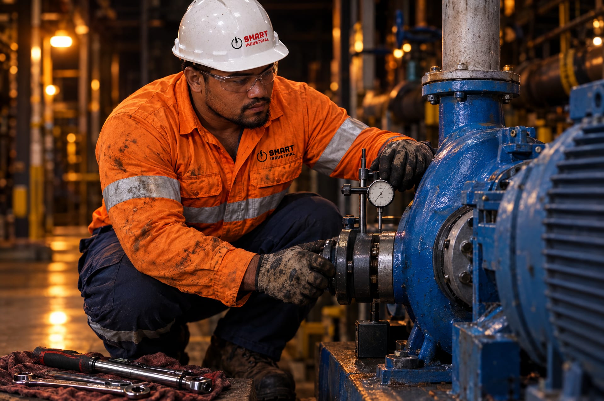 Mechanical fitter in Smart Industrial hi-vis aligning a pump coupling in a Sydney plant room