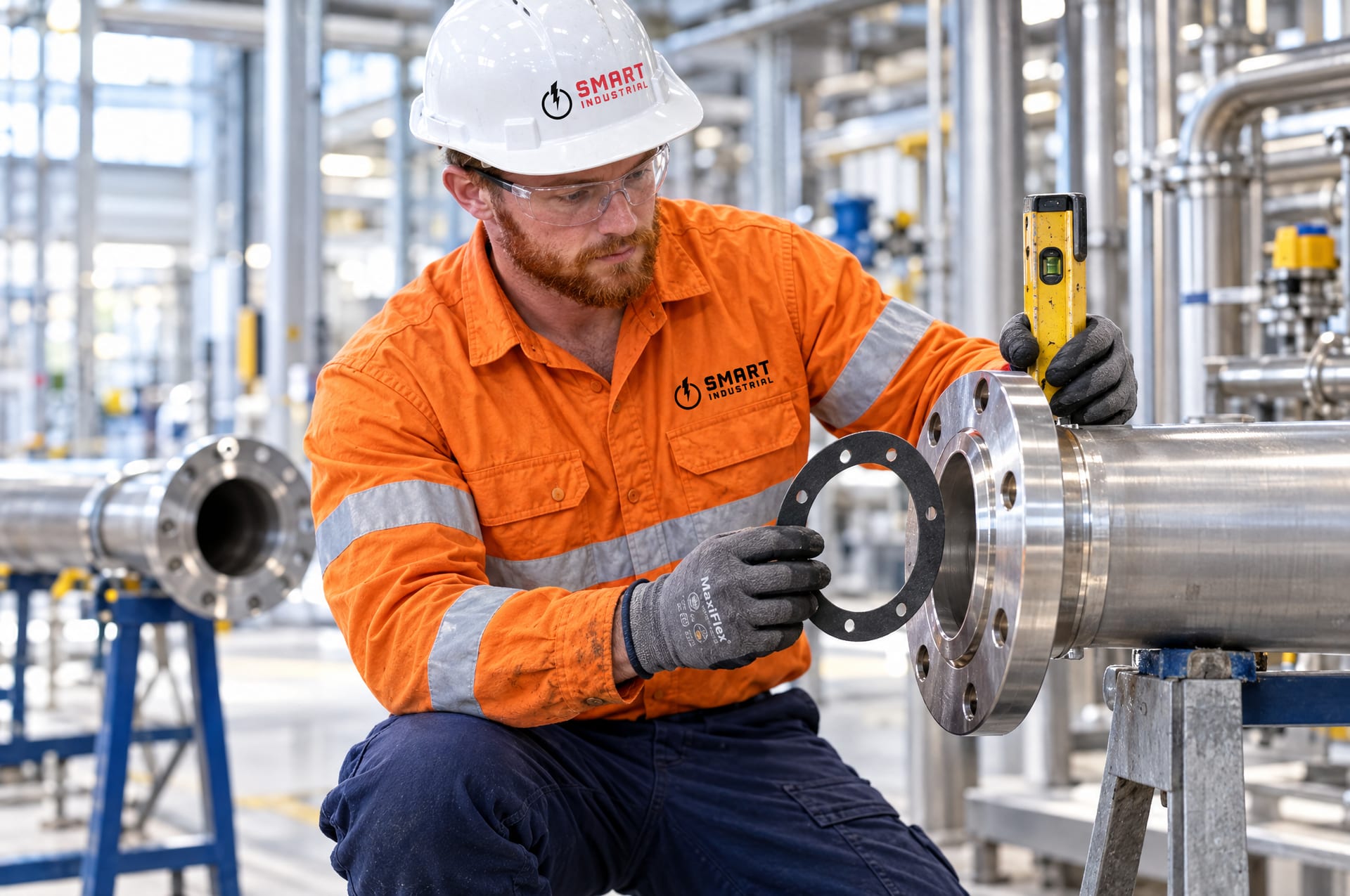 Pipe fitter in Smart Industrial hi-vis fitting stainless process pipework at an industrial site