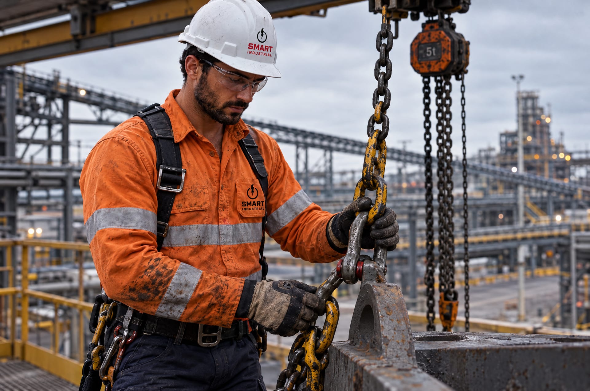 Riggers in Smart Industrial hi-vis preparing a lift on an industrial plant platform