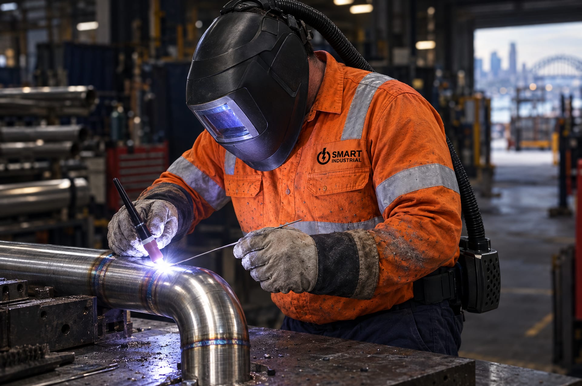 Welder in a full powered-air welding helmet and Smart Industrial hi-vis TIG welding pipework in a Sydney fabrication bay
