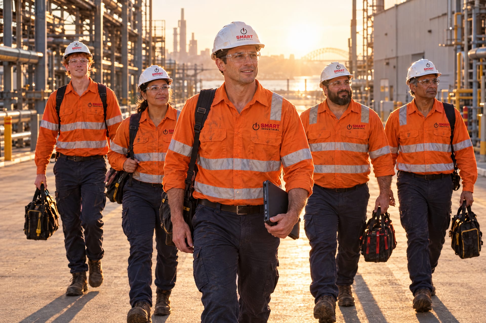 Smart Industrial crew walking onto a Sydney site at the start of a shift