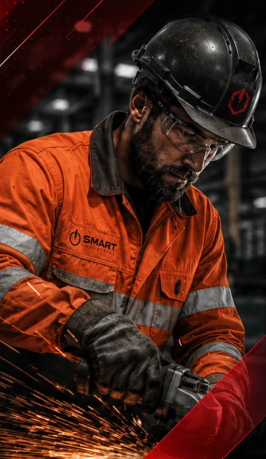 Boilermaker in an orange Smart Industrial hi-vis shirt and clear safety glasses grinding steel with sparks flying